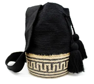 Bucket Bag Organic Cotton and Wicker Handmade Fairtrade Mochila Wayuu with Traditional Colombian Caa Flecha in Black and Tan