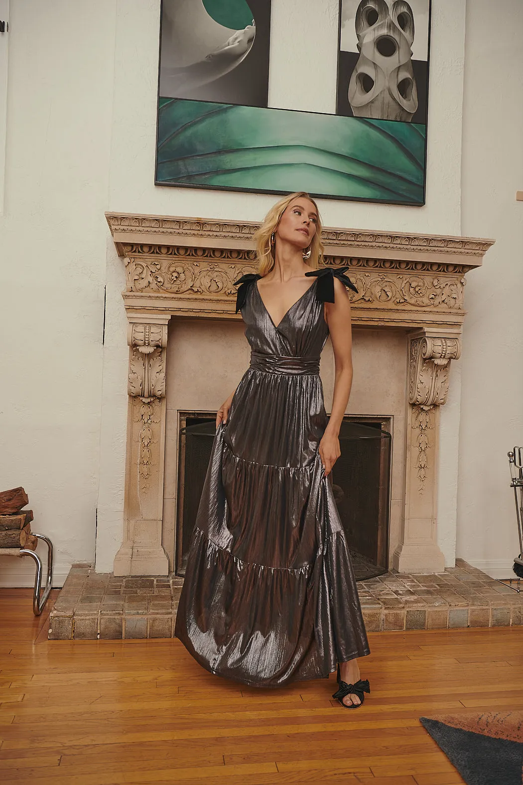 Cannes Liquid Satin Evening Tiered Maxi Dress