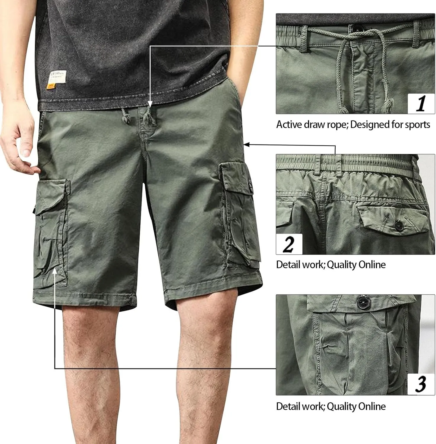 Cargo Shorts for Men Below Knee Stretch Cotton Pull On Drawstring Comfy Shorts Stretch 9 Chino Pants with Pocket