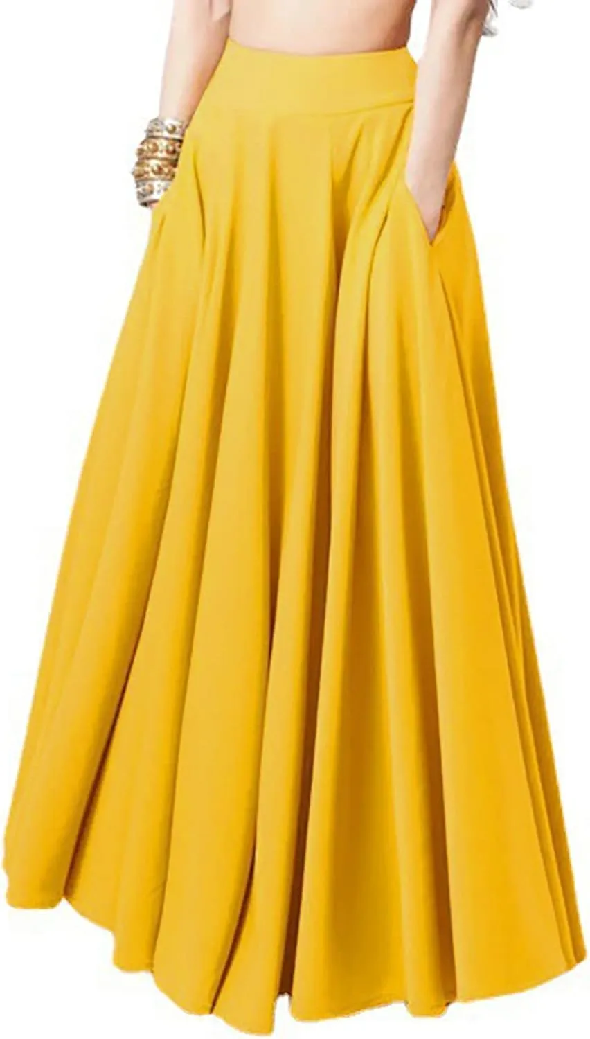 Casual Pleated Long Skirts for Women A Line Elastic Midi Skirt High Waisted Stretchy Length Skirts Dressy Work Skirt