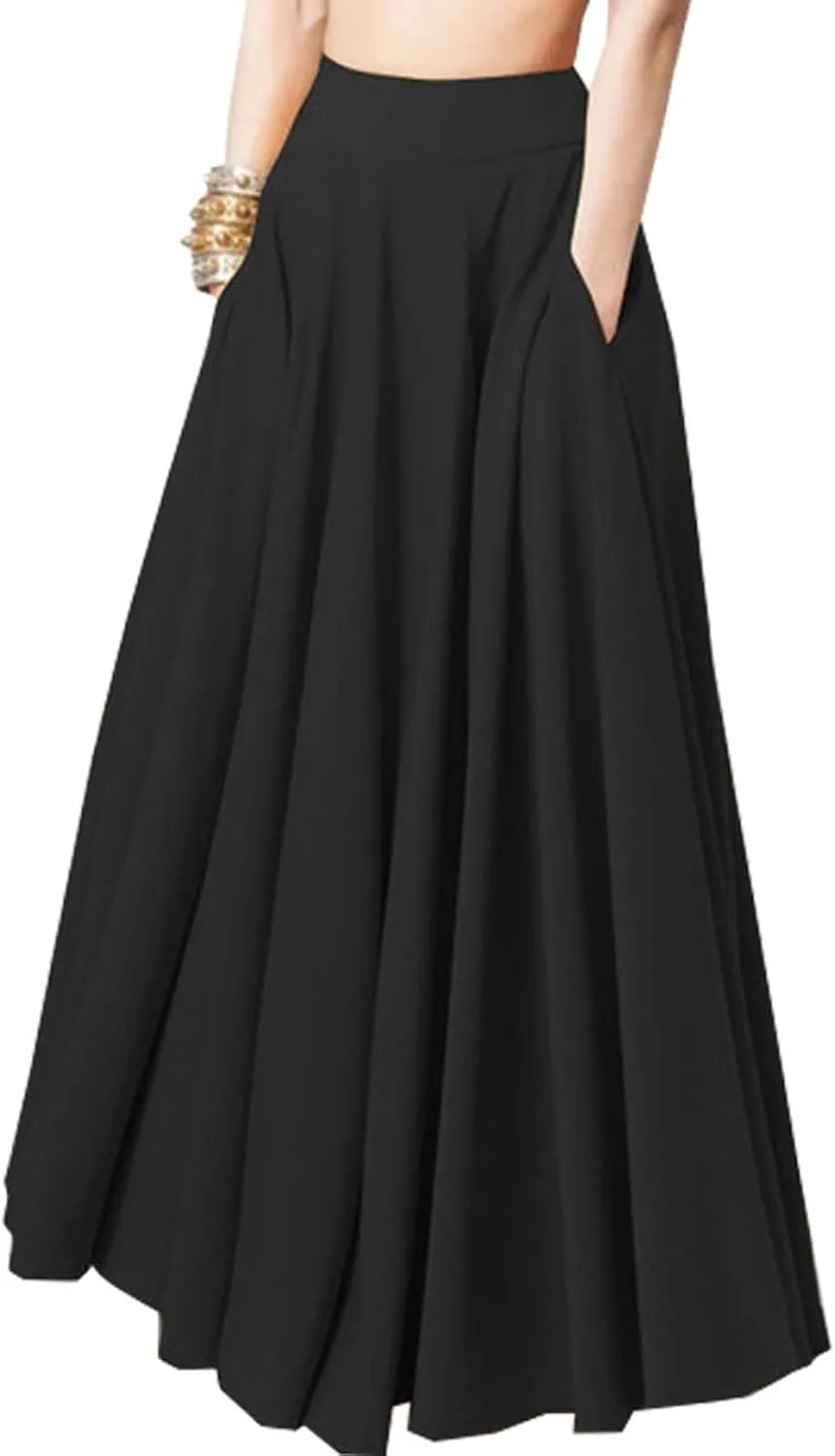 Casual Pleated Long Skirts for Women A Line Elastic Midi Skirt High Waisted Stretchy Length Skirts Dressy Work Skirt