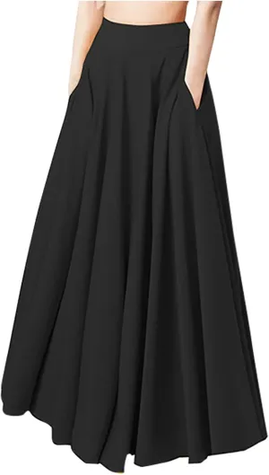 Casual Pleated Long Skirts for Women A Line Elastic Midi Skirt High Waisted Stretchy Length Skirts Dressy Work Skirt