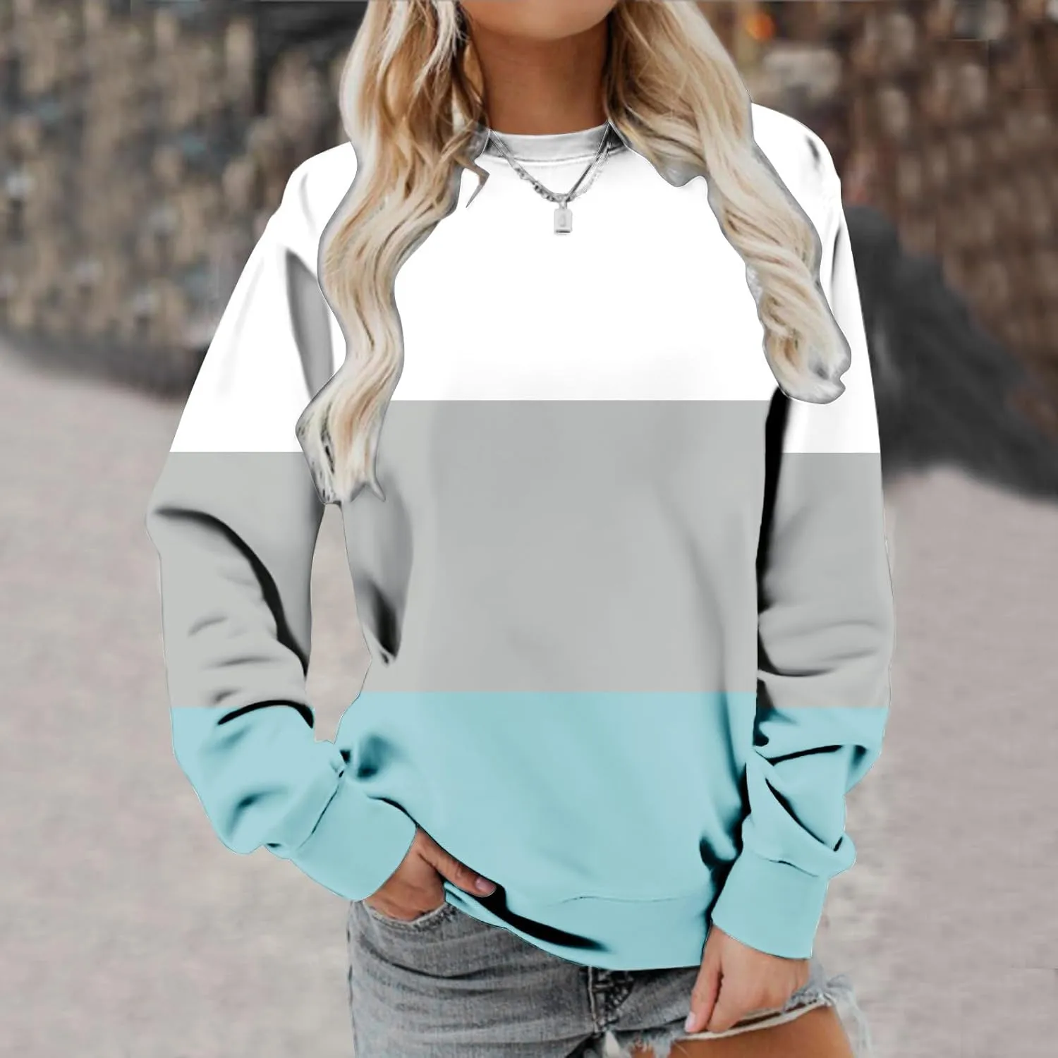 Ceboyel Women Crewneck Sweatshirts 2023 Color Block Pullover Long Sleeve Shirts Loose Fit Fall Fashion Clothing