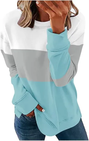 Ceboyel Women Crewneck Sweatshirts 2023 Color Block Pullover Long Sleeve Shirts Loose Fit Fall Fashion Clothing