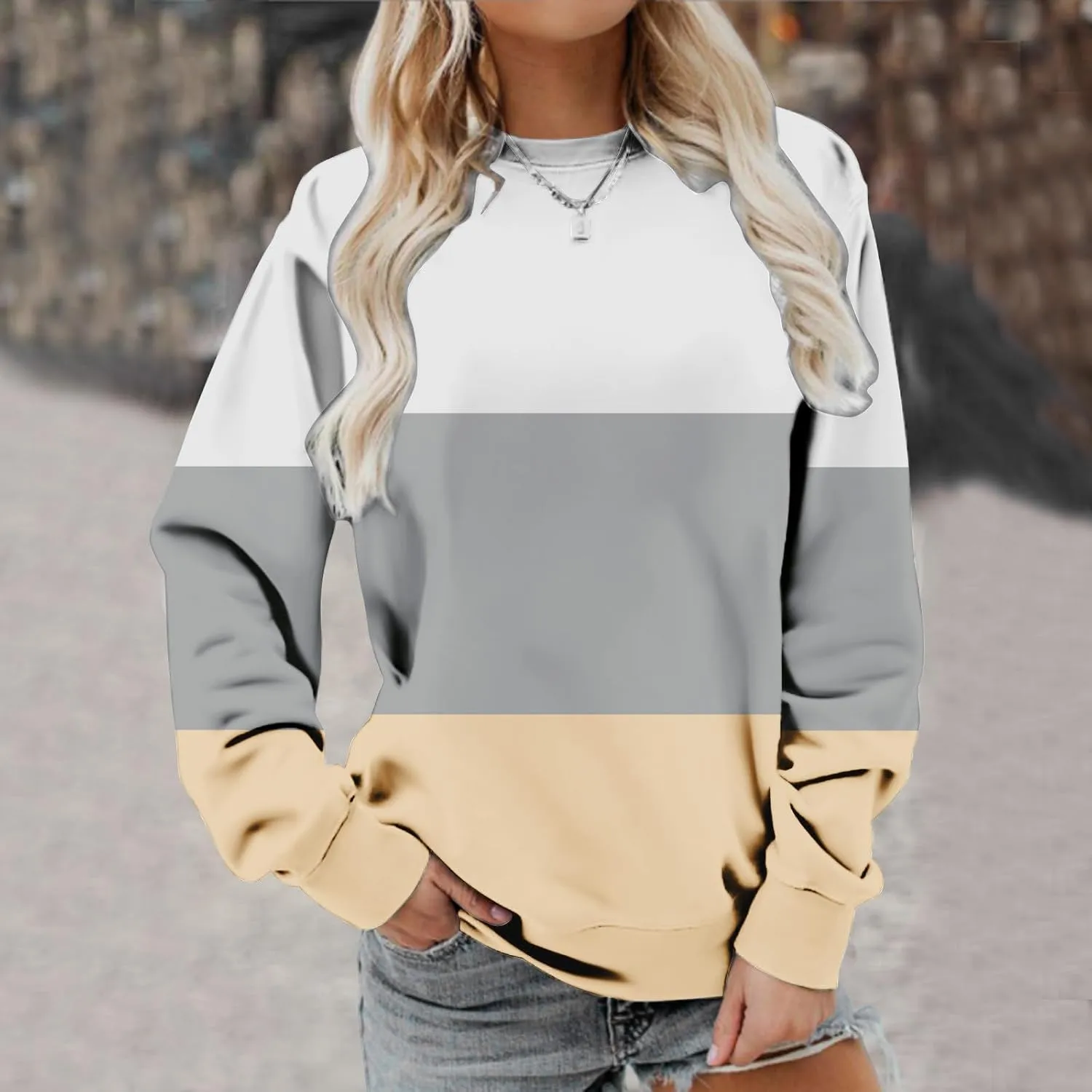 Ceboyel Women Crewneck Sweatshirts 2023 Color Block Pullover Long Sleeve Shirts Loose Fit Fall Fashion Clothing