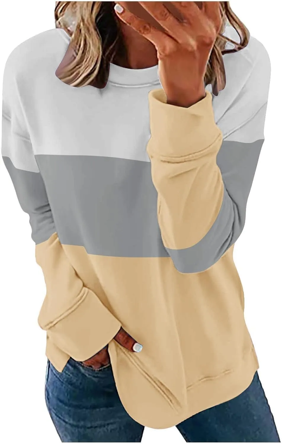 Ceboyel Women Crewneck Sweatshirts 2023 Color Block Pullover Long Sleeve Shirts Loose Fit Fall Fashion Clothing