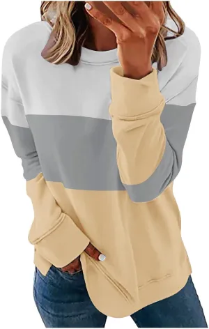 Ceboyel Women Crewneck Sweatshirts 2023 Color Block Pullover Long Sleeve Shirts Loose Fit Fall Fashion Clothing