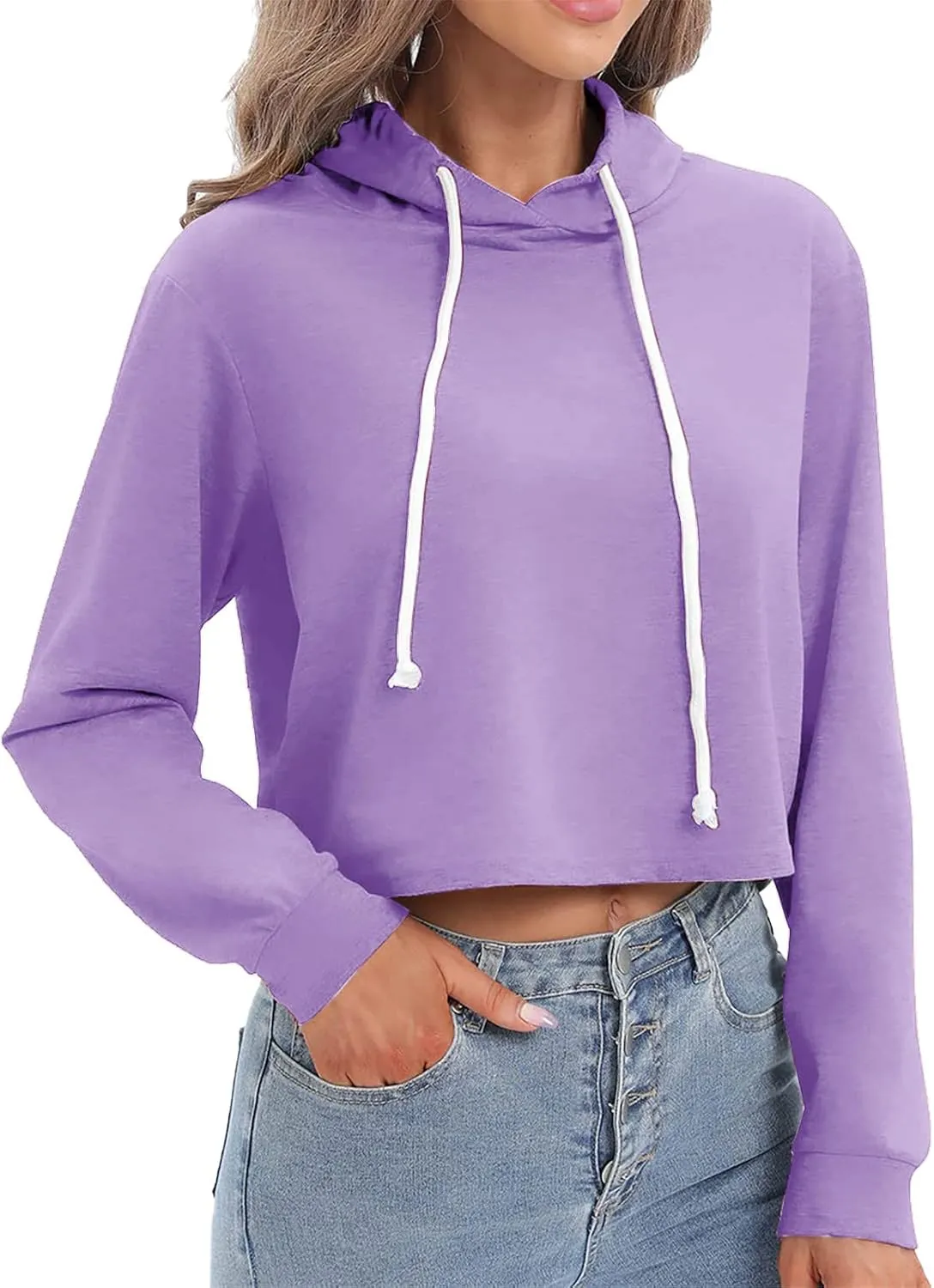 Ceboyel Women Cropped Hoodie Drawstring Pullover Sweatshirt Long Sleeve Workout Tops Trendy Y2k Teen Girls Clothes