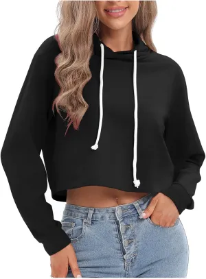 Ceboyel Women Cropped Hoodie Drawstring Pullover Sweatshirt Long Sleeve Workout Tops Trendy Y2k Teen Girls Clothes