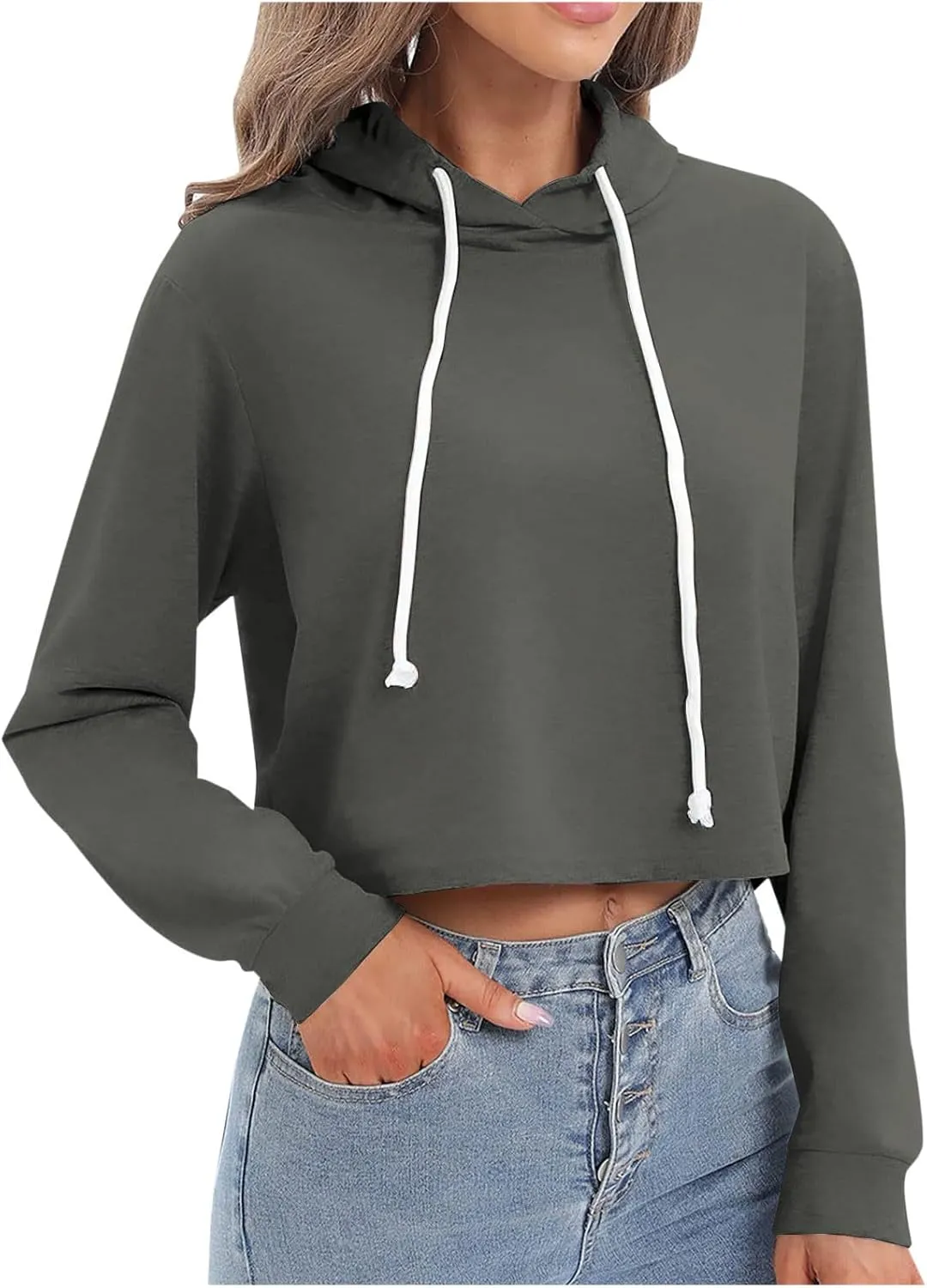 Ceboyel Women Cropped Hoodie Drawstring Pullover Sweatshirt Long Sleeve Workout Tops Trendy Y2k Teen Girls Clothes