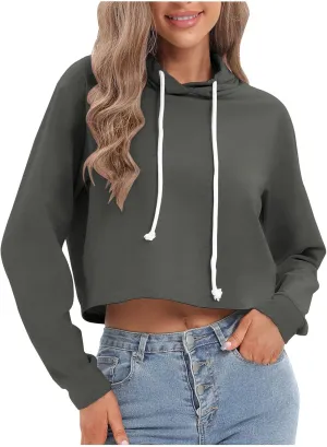 Ceboyel Women Cropped Hoodie Drawstring Pullover Sweatshirt Long Sleeve Workout Tops Trendy Y2k Teen Girls Clothes