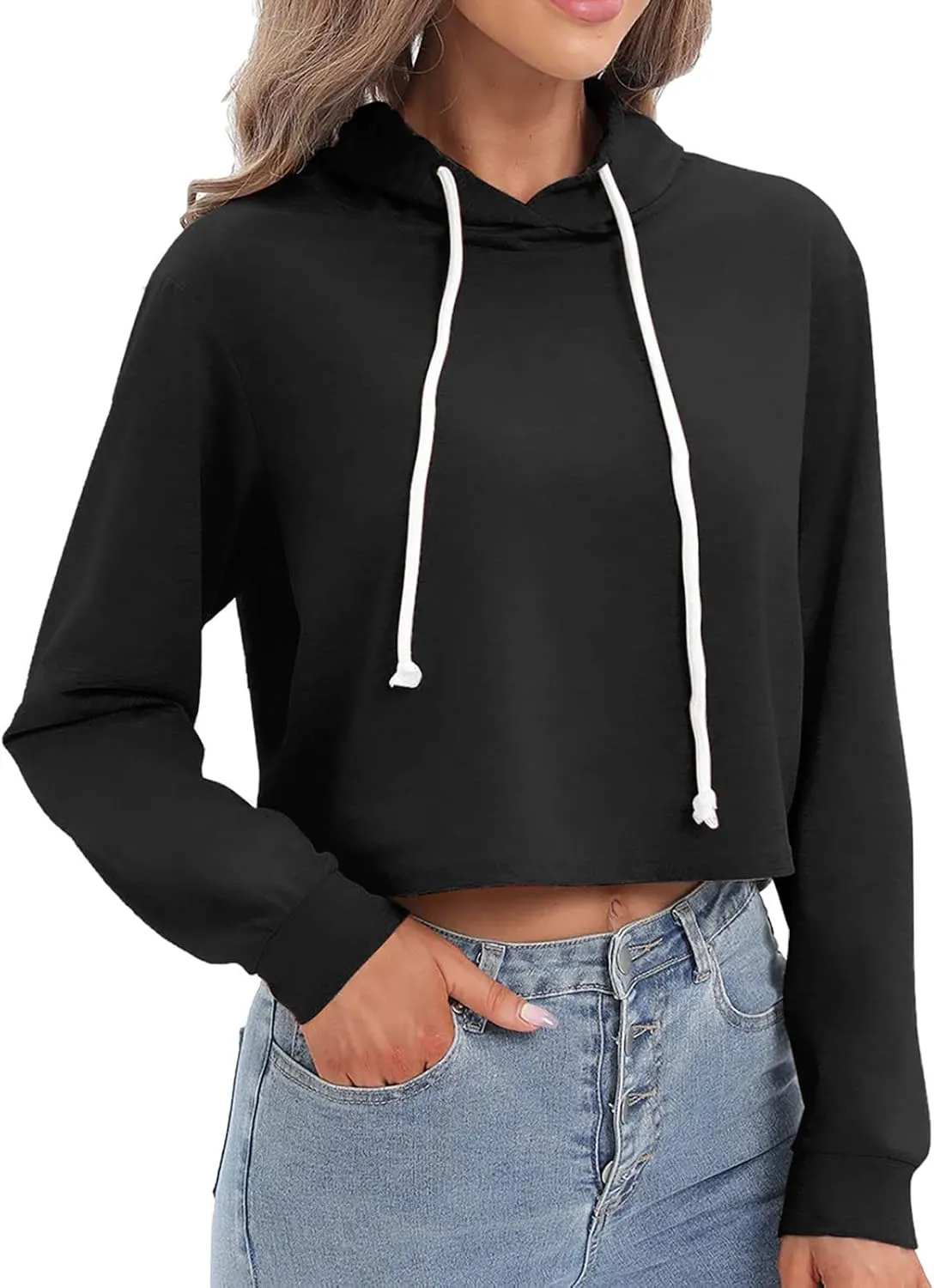 Ceboyel Women Cropped Hoodie Drawstring Pullover Sweatshirt Long Sleeve Workout Tops Trendy Y2k Teen Girls Clothes