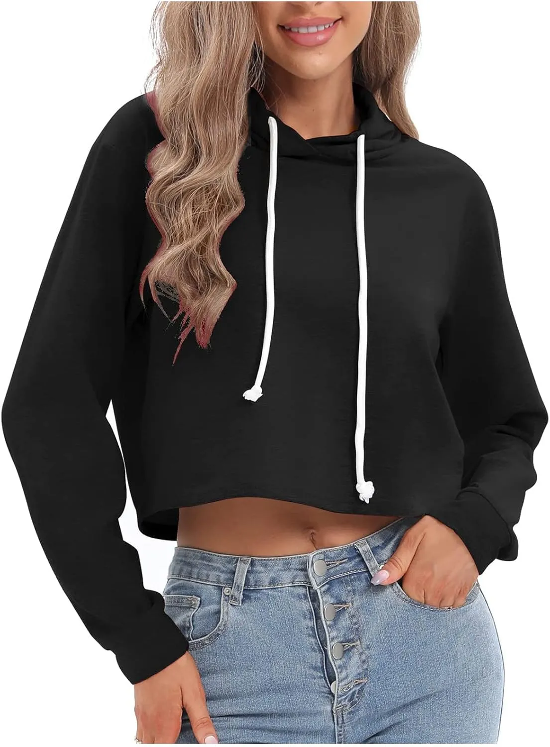 Ceboyel Women Cropped Hoodie Drawstring Pullover Sweatshirt Long Sleeve Workout Tops Trendy Y2k Teen Girls Clothes