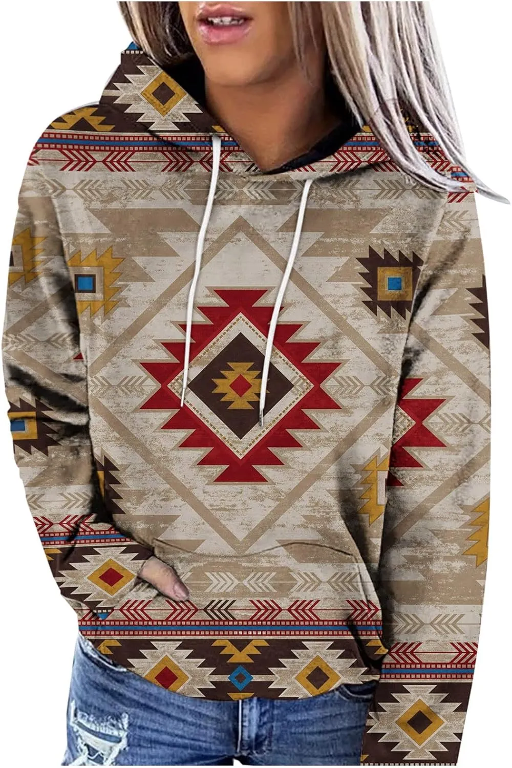 Ceboyel Women Western Aztec Hoodies Fashion Sweatshirt Pullover Ethnic Vintage Graphic Shirts Tops Causal Fall Clothes