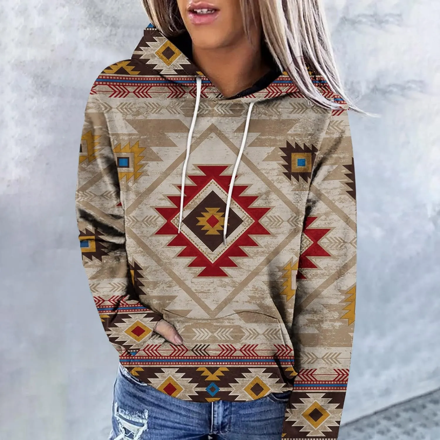 Ceboyel Women Western Aztec Hoodies Fashion Sweatshirt Pullover Ethnic Vintage Graphic Shirts Tops Causal Fall Clothes