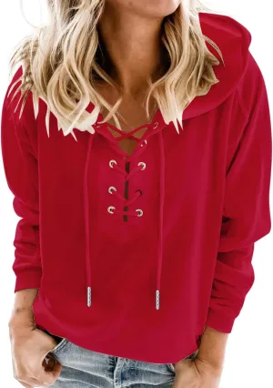 Ceboyel Womens Fashion Hoodies Lace Up V Neck Pullover Tops Long Sleeve Fall Sweatshirt Trendy Teen Girls Outfits 2023