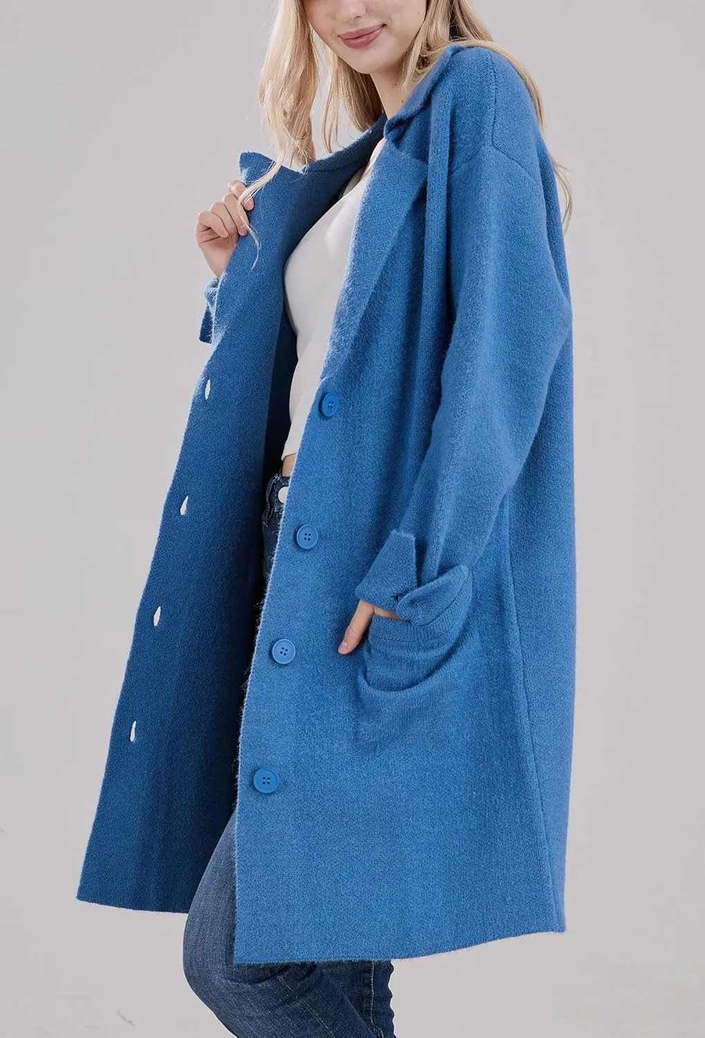 CHARTOU Women Long Cardigan Notched Collar Button Down Loose Fit Knit Blazer Sweater Jacket