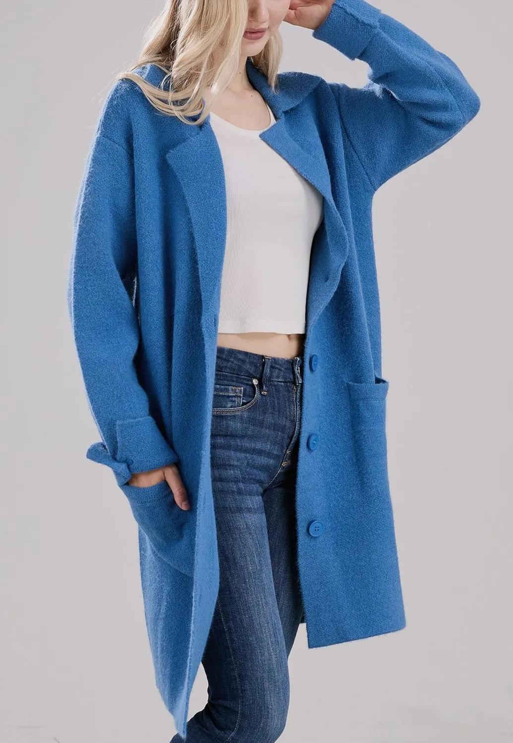 CHARTOU Women Long Cardigan Notched Collar Button Down Loose Fit Knit Blazer Sweater Jacket