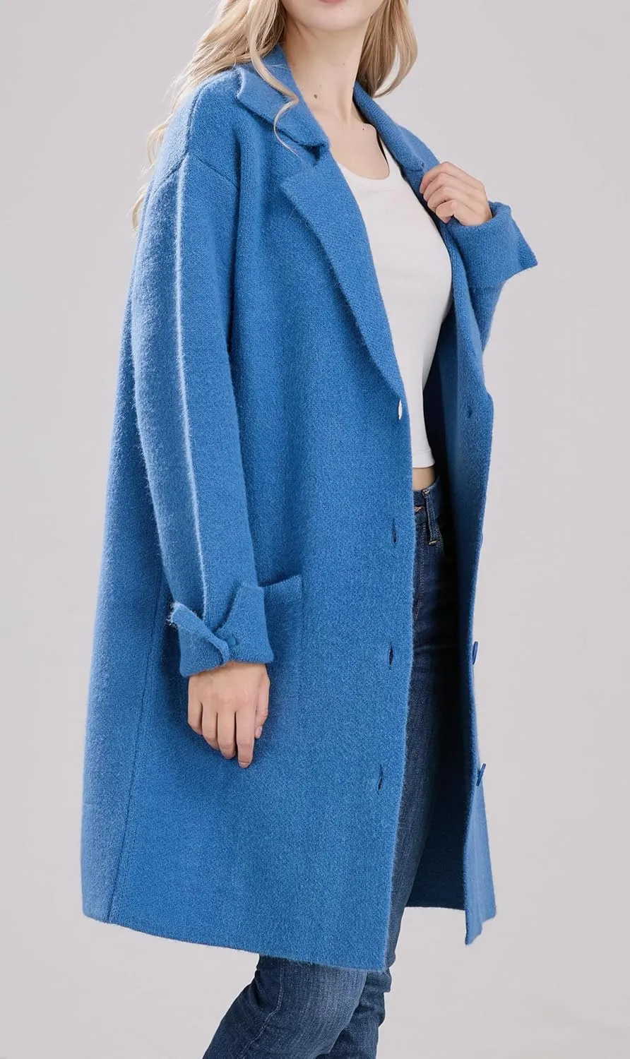 CHARTOU Women Long Cardigan Notched Collar Button Down Loose Fit Knit Blazer Sweater Jacket
