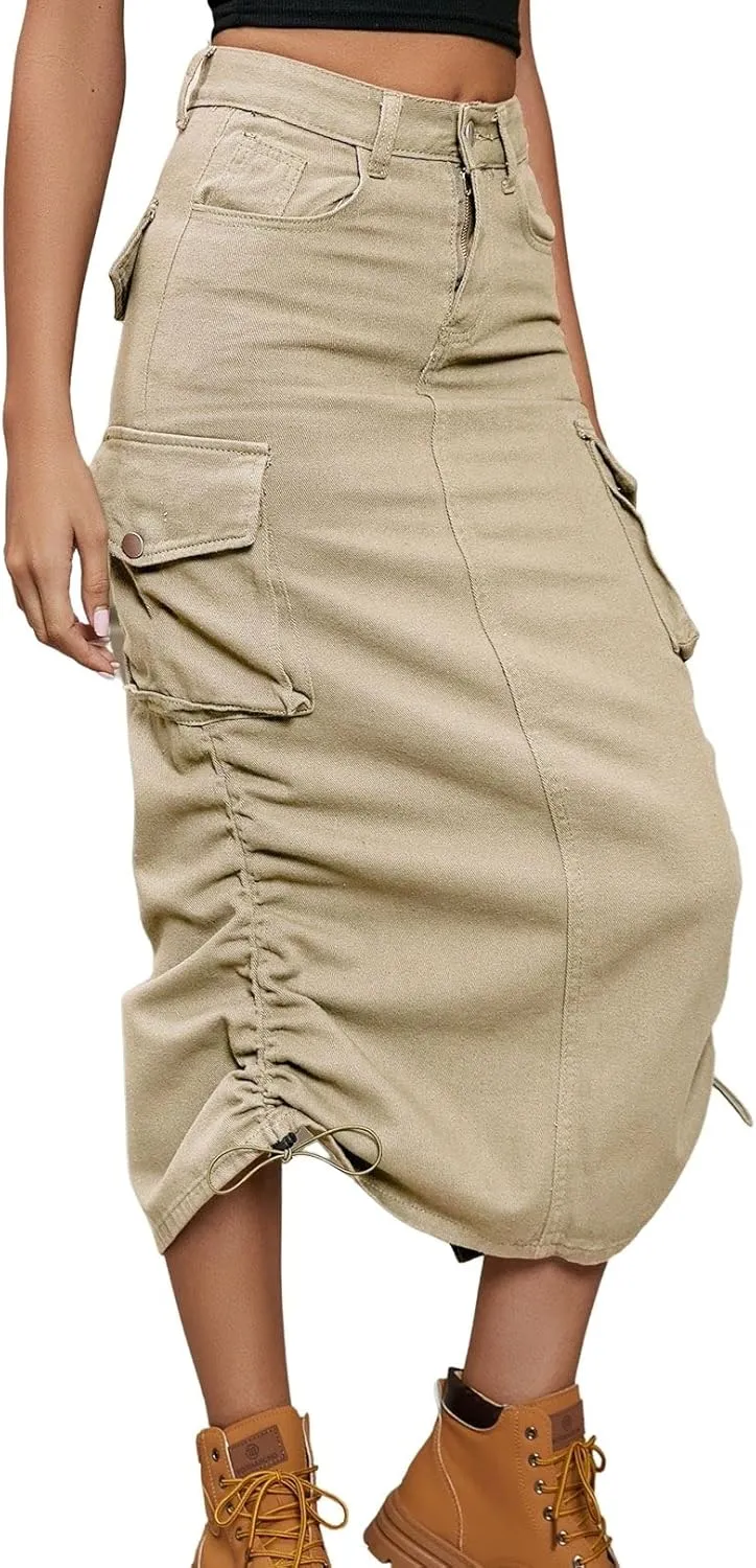 CHARTOU Women Long Denim Maxi Skirt Cargo Skirt Jean Skirt Y2K Casual Ruched A Line Pencil Skirt with Pocket