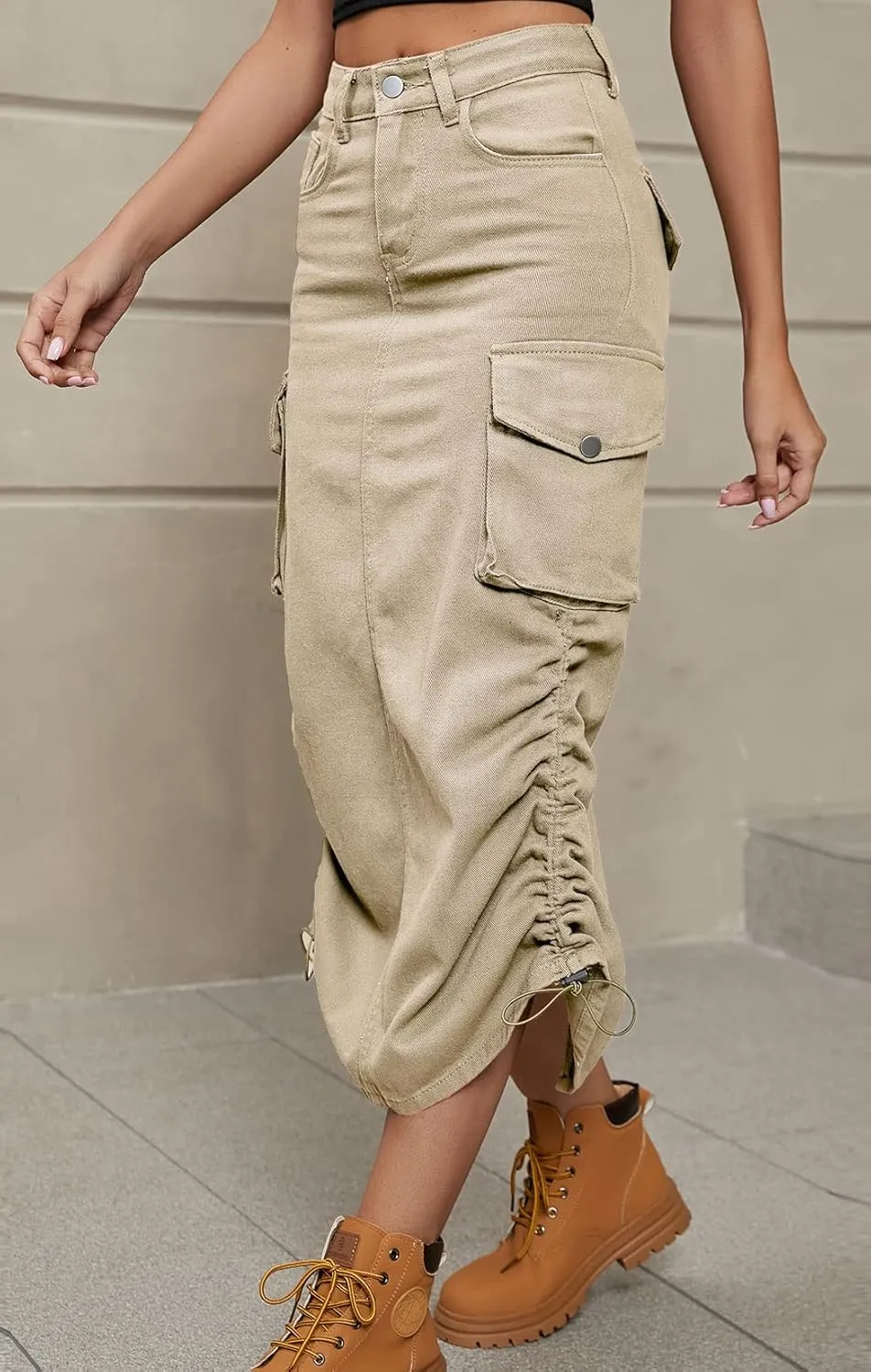 CHARTOU Women Long Denim Maxi Skirt Cargo Skirt Jean Skirt Y2K Casual Ruched A Line Pencil Skirt with Pocket