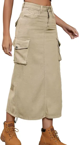 CHARTOU Women Long Denim Maxi Skirt Cargo Skirt Jean Skirt Y2K Casual Ruched A Line Pencil Skirt with Pocket