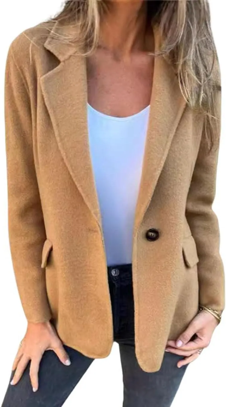 CHARTOU Women Solid Color Blazer Wool Blend Causal Business Office Open Front Short Jacket Pea Coat