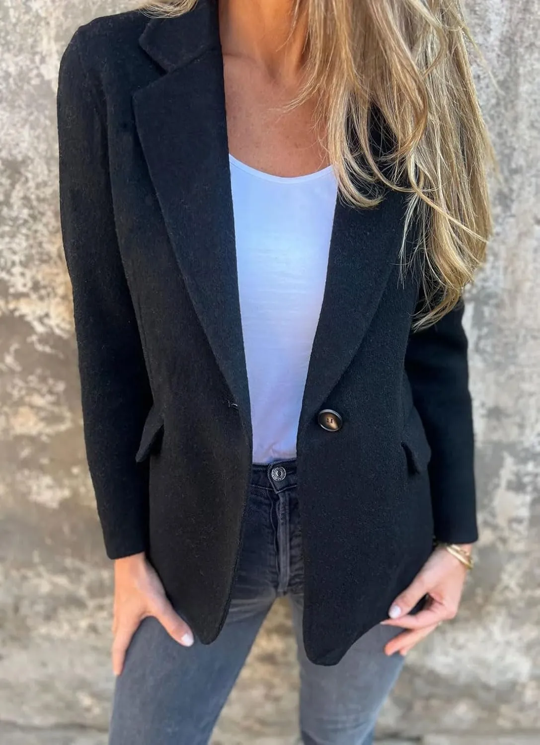CHARTOU Women Solid Color Blazer Wool Blend Causal Business Office Open Front Short Jacket Pea Coat