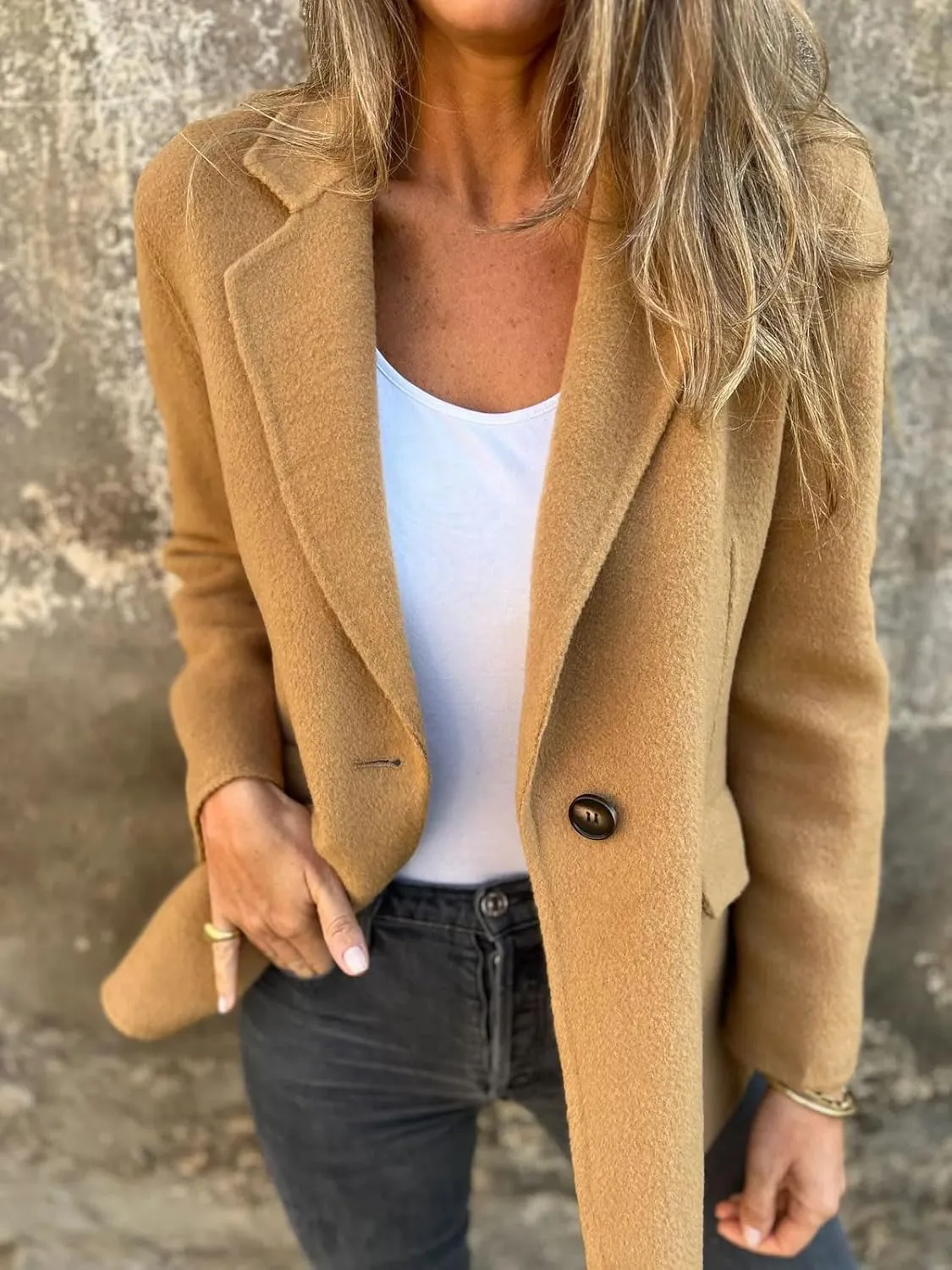 CHARTOU Women Solid Color Blazer Wool Blend Causal Business Office Open Front Short Jacket Pea Coat