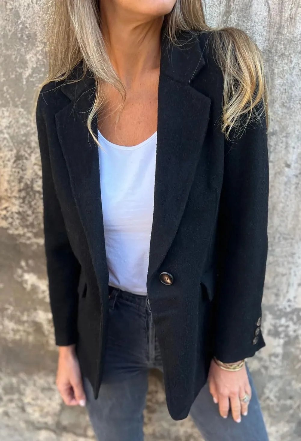 CHARTOU Women Solid Color Blazer Wool Blend Causal Business Office Open Front Short Jacket Pea Coat