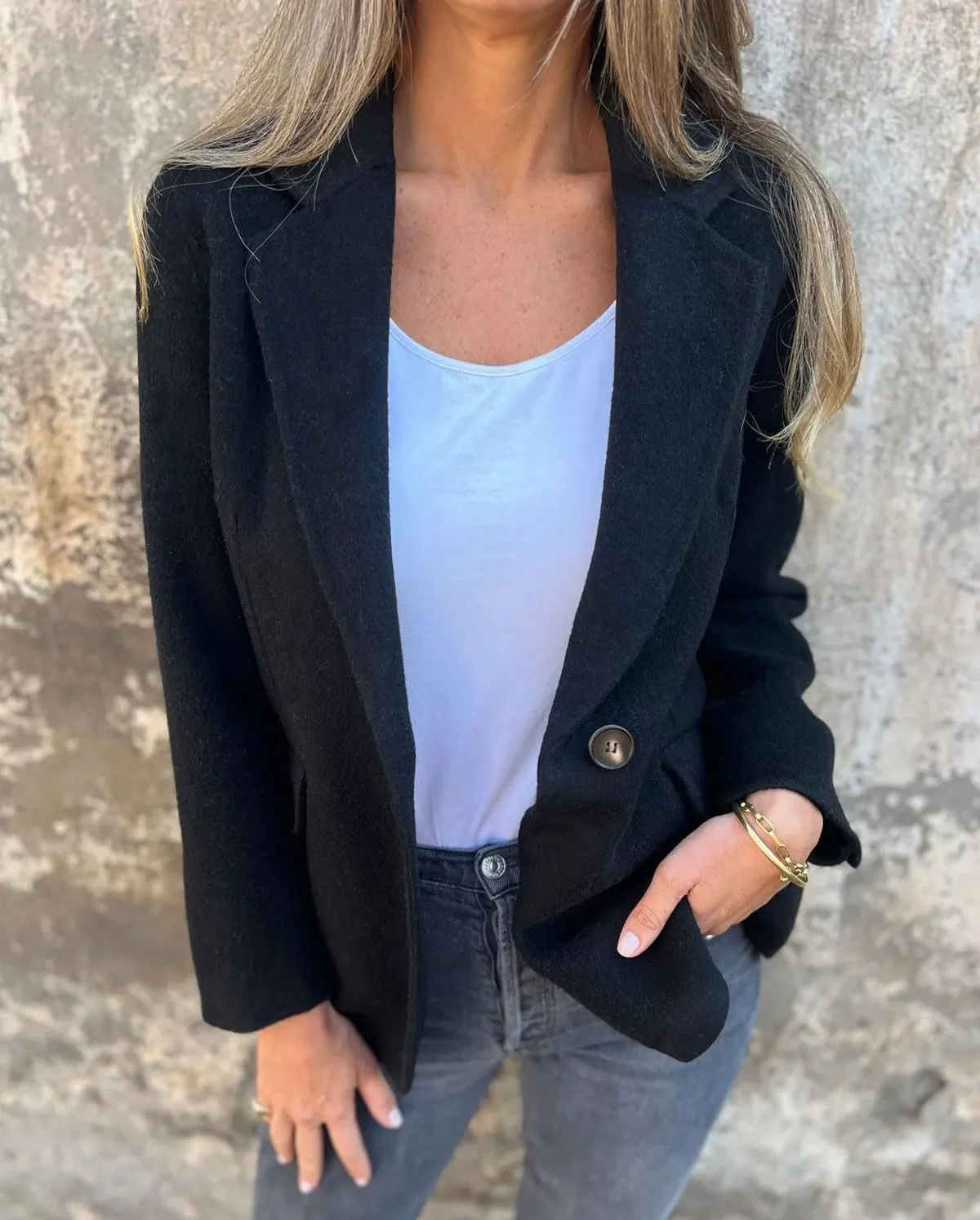 CHARTOU Women Solid Color Blazer Wool Blend Causal Business Office Open Front Short Jacket Pea Coat