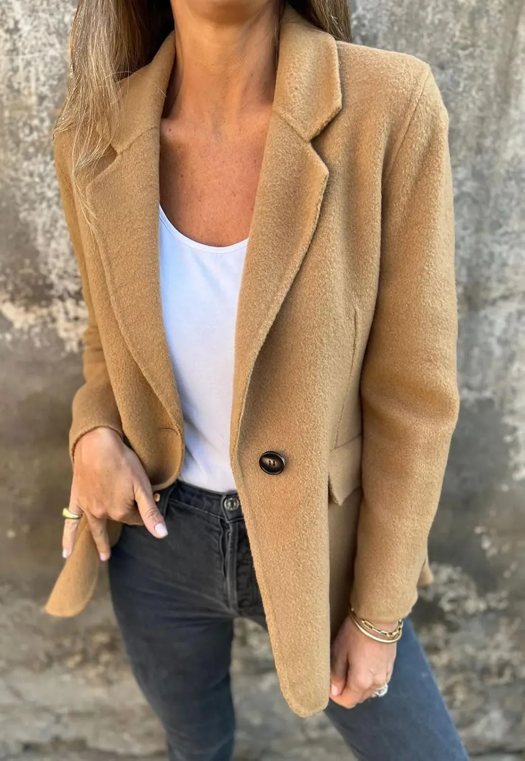CHARTOU Women Solid Color Blazer Wool Blend Causal Business Office Open Front Short Jacket Pea Coat