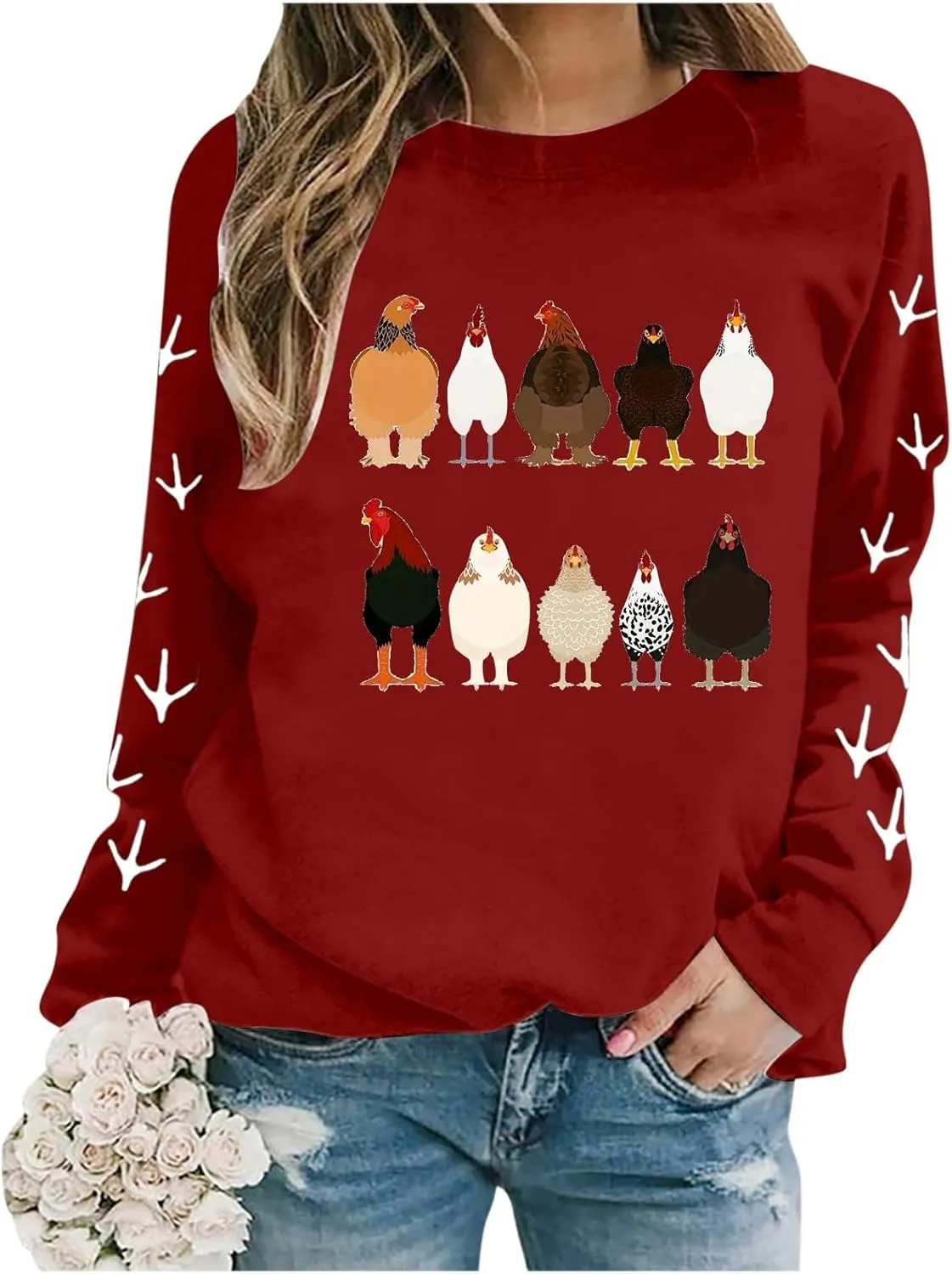 Chicken Mom Sweatshirt for Women Cute Funny Graphic Print Long Sleeve Shirts Farm Fall Crewneck Pullover Tops