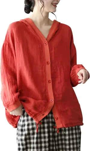 chouyatou Women's Spring Summer Oversized Button Down Hooded Linen Shirt Jacket Top