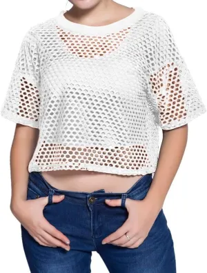 CLOZOZ Women's Mesh Cover Up See Through Fishnet T-Shirt Crop Top