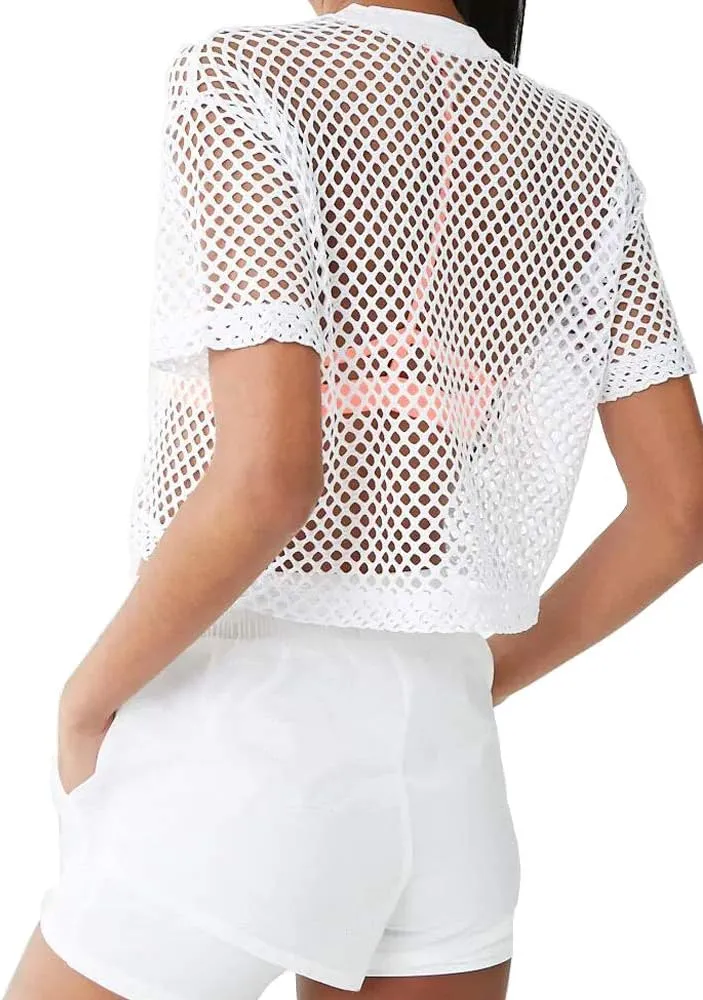 CLOZOZ Women's Mesh Cover Up See Through Fishnet T-Shirt Crop Top