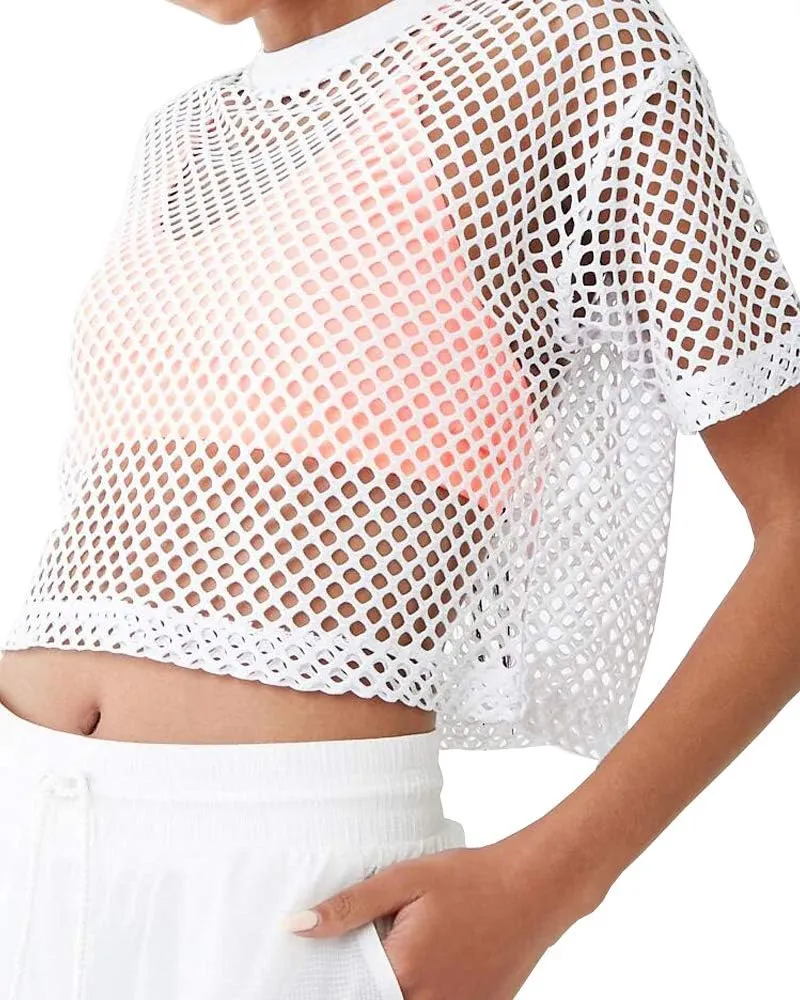 CLOZOZ Women's Mesh Cover Up See Through Fishnet T-Shirt Crop Top