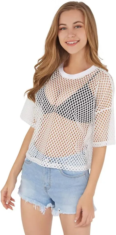 CLOZOZ Women's Mesh Cover Up See Through Fishnet T-Shirt Crop Top