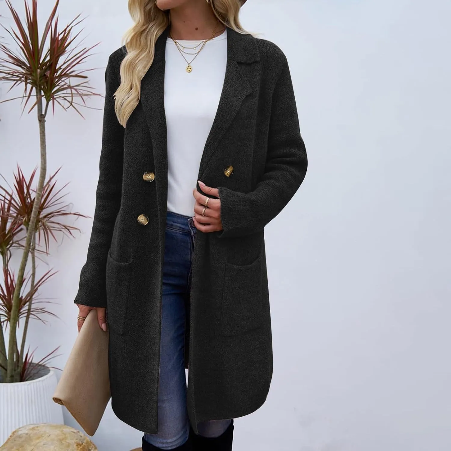 Coatigan for Women Wool Blend Pea Coats Double Breasted Oversized Blazer Knit Open Front Cardigan Sweater with Pocket