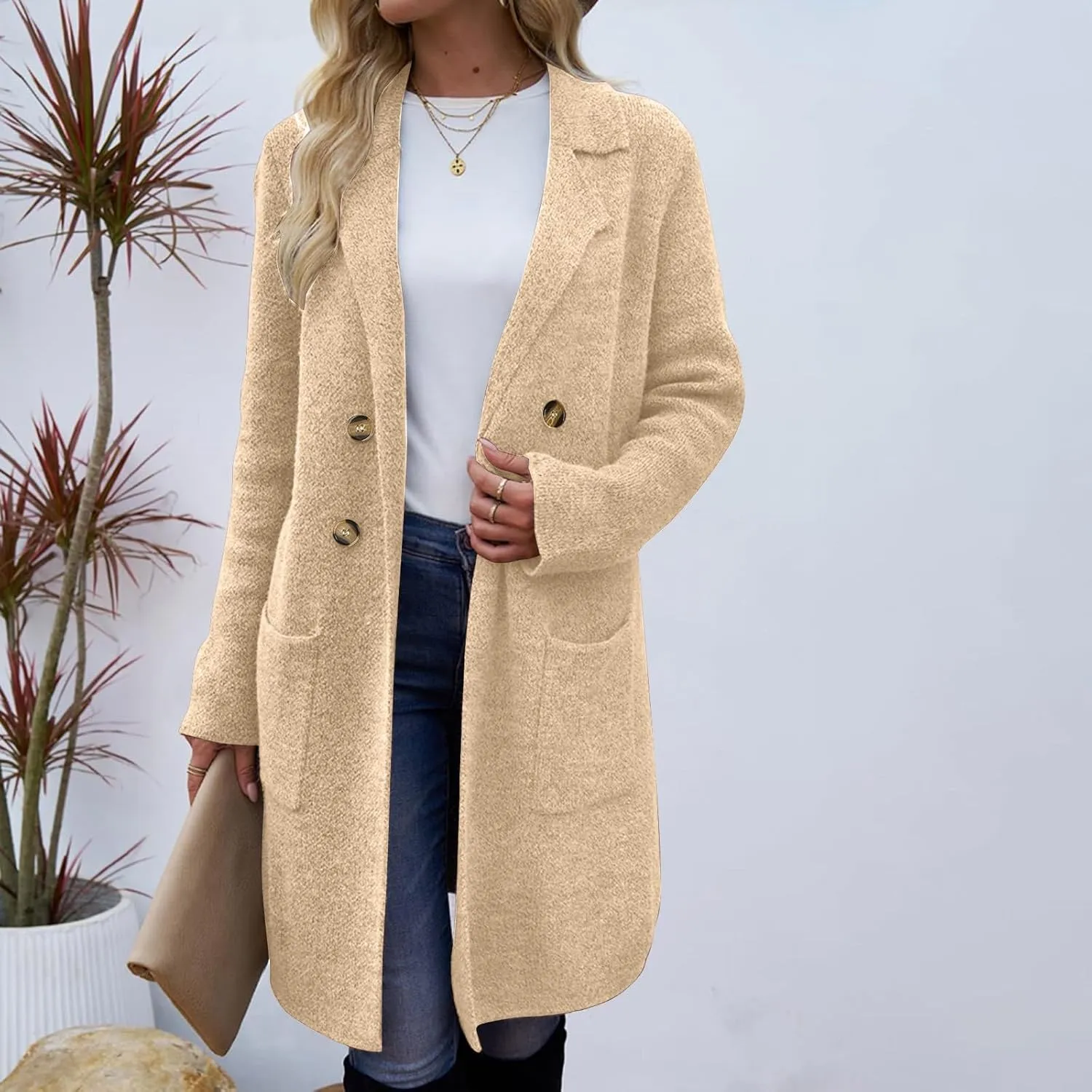 Coatigan for Women Wool Blend Pea Coats Double Breasted Oversized Blazer Knit Open Front Cardigan Sweater with Pocket