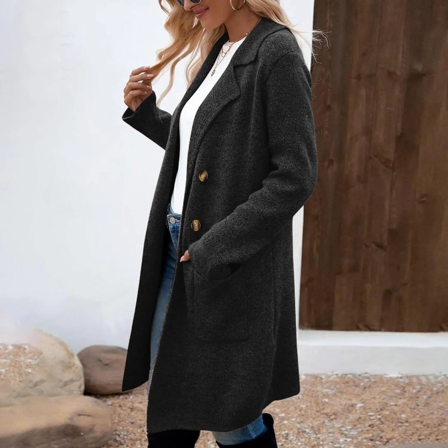 Coatigan for Women Wool Blend Pea Coats Double Breasted Oversized Blazer Knit Open Front Cardigan Sweater with Pocket