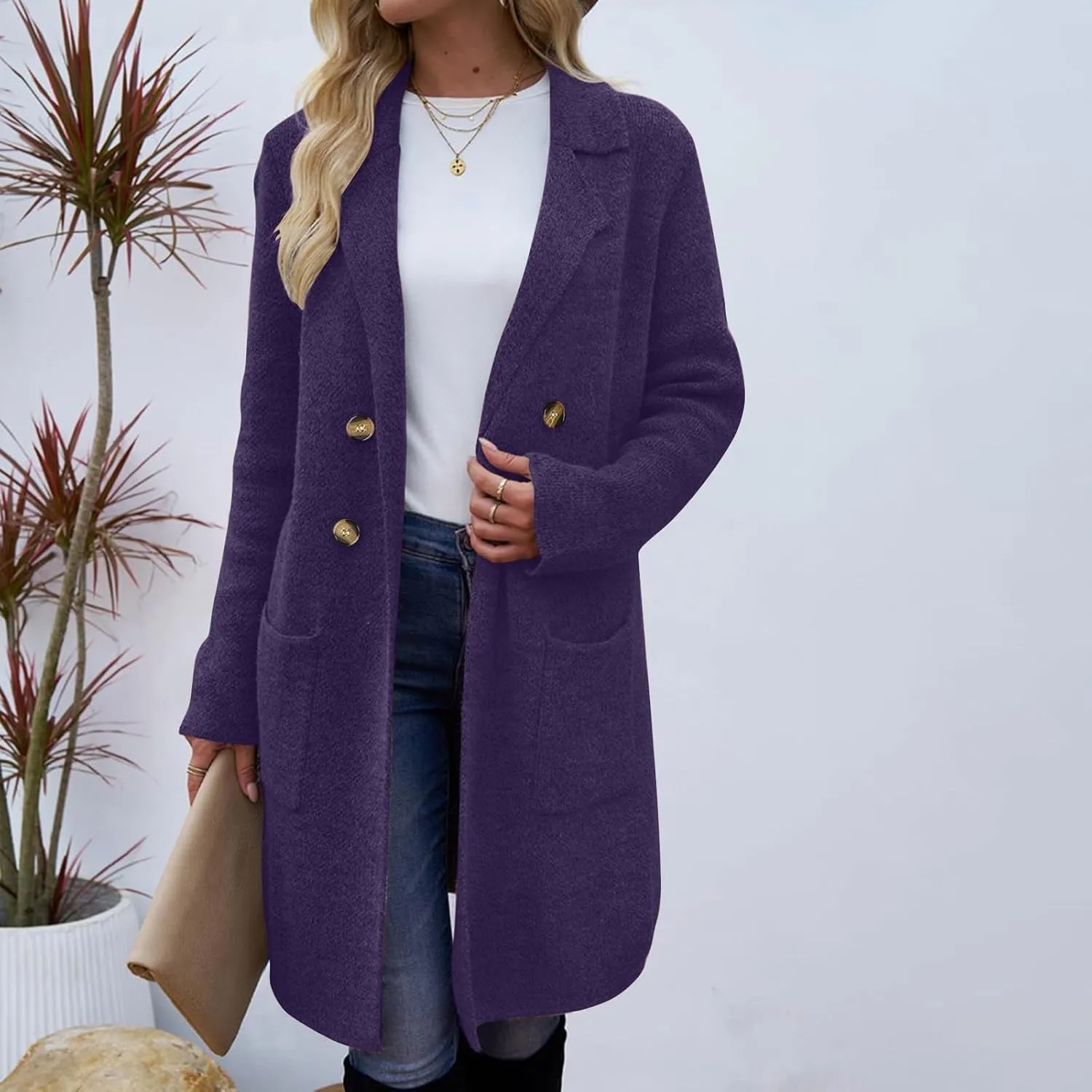 Coatigan for Women Wool Blend Pea Coats Double Breasted Oversized Blazer Knit Open Front Cardigan Sweater with Pocket