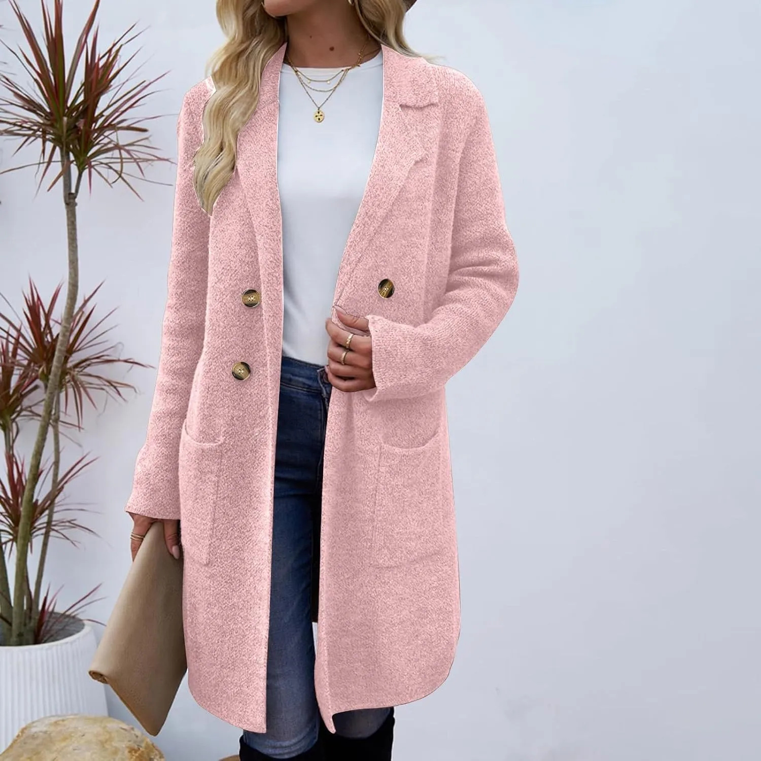 Coatigan for Women Wool Blend Pea Coats Double Breasted Oversized Blazer Knit Open Front Cardigan Sweater with Pocket