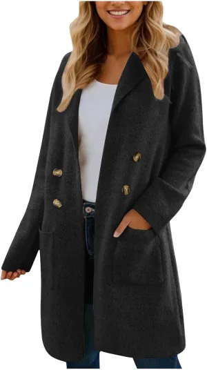 Coatigan for Women Wool Blend Pea Coats Double Breasted Oversized Blazer Knit Open Front Cardigan Sweater with Pocket