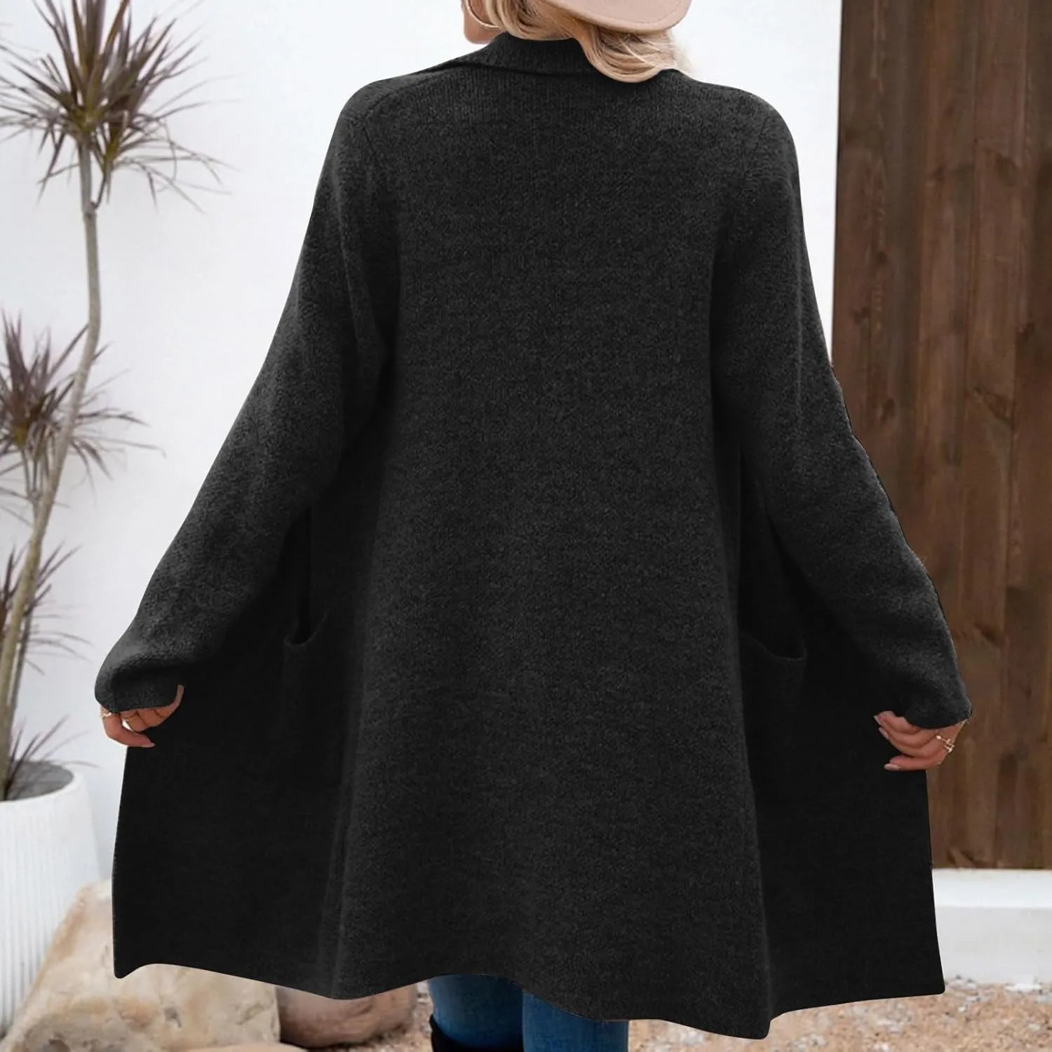 Coatigan for Women Wool Blend Pea Coats Double Breasted Oversized Blazer Knit Open Front Cardigan Sweater with Pocket
