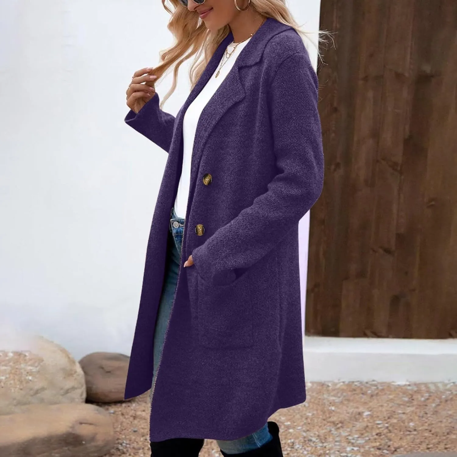 Coatigan for Women Wool Blend Pea Coats Double Breasted Oversized Blazer Knit Open Front Cardigan Sweater with Pocket