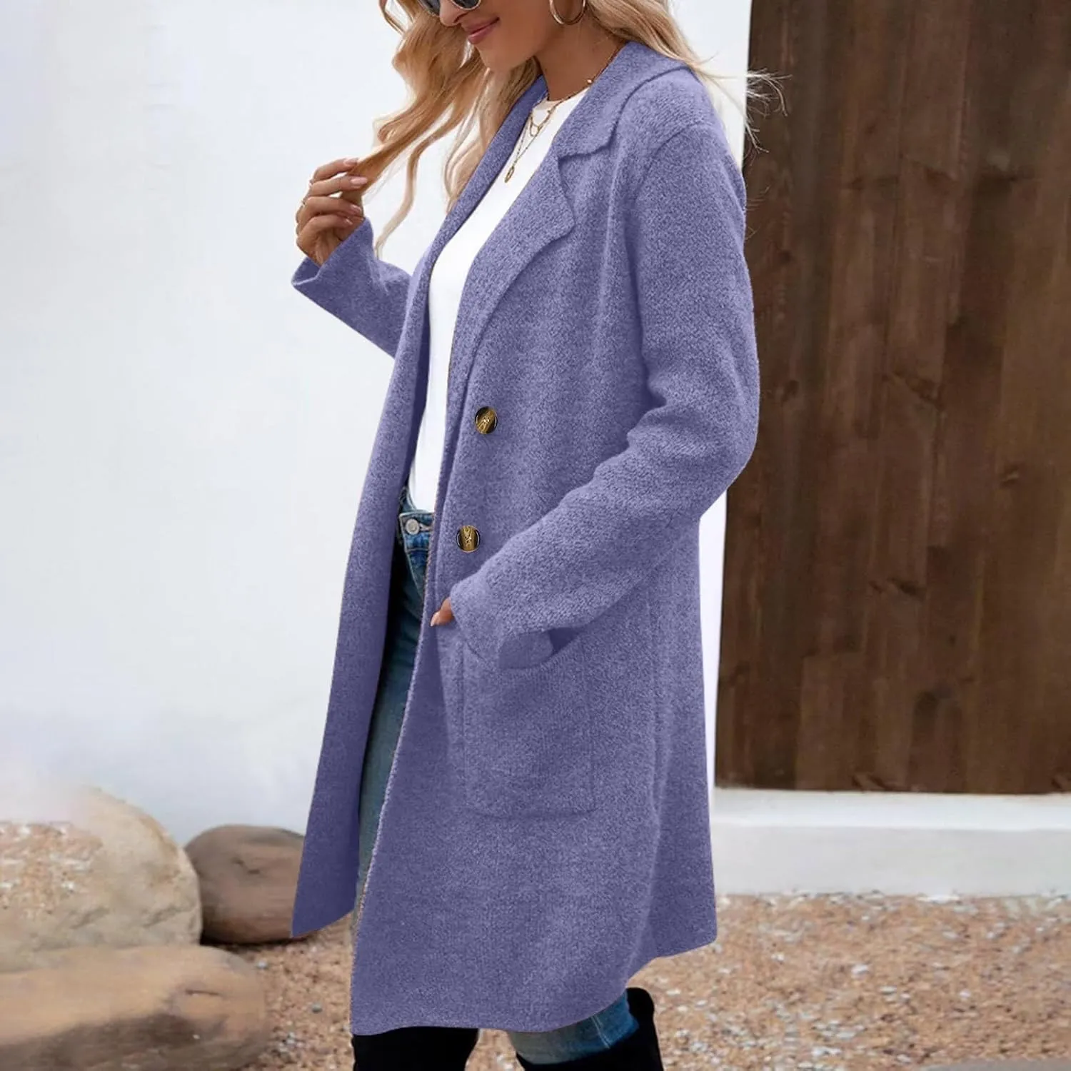 Coatigan for Women Wool Blend Pea Coats Double Breasted Oversized Blazer Knit Open Front Cardigan Sweater with Pocket