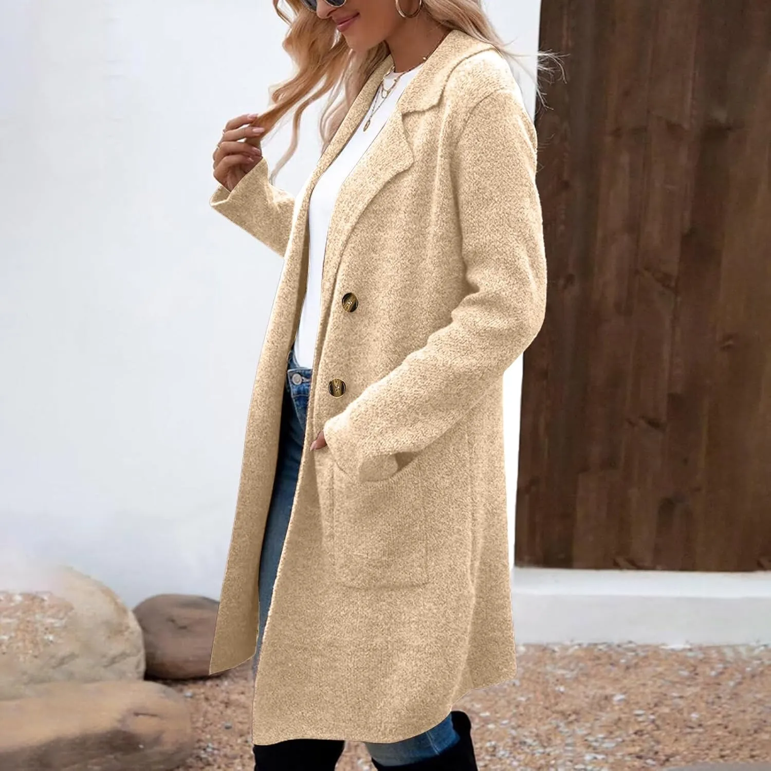 Coatigan for Women Wool Blend Pea Coats Double Breasted Oversized Blazer Knit Open Front Cardigan Sweater with Pocket