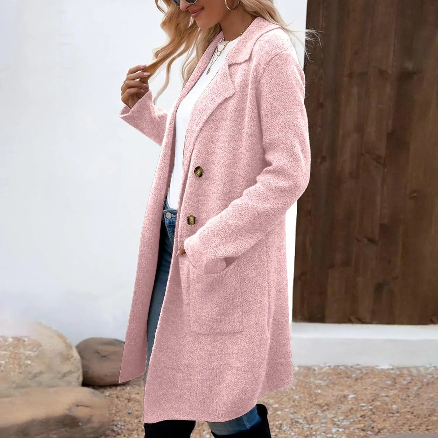 Coatigan for Women Wool Blend Pea Coats Double Breasted Oversized Blazer Knit Open Front Cardigan Sweater with Pocket