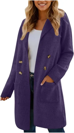 Coatigan for Women Wool Blend Pea Coats Double Breasted Oversized Blazer Knit Open Front Cardigan Sweater with Pocket